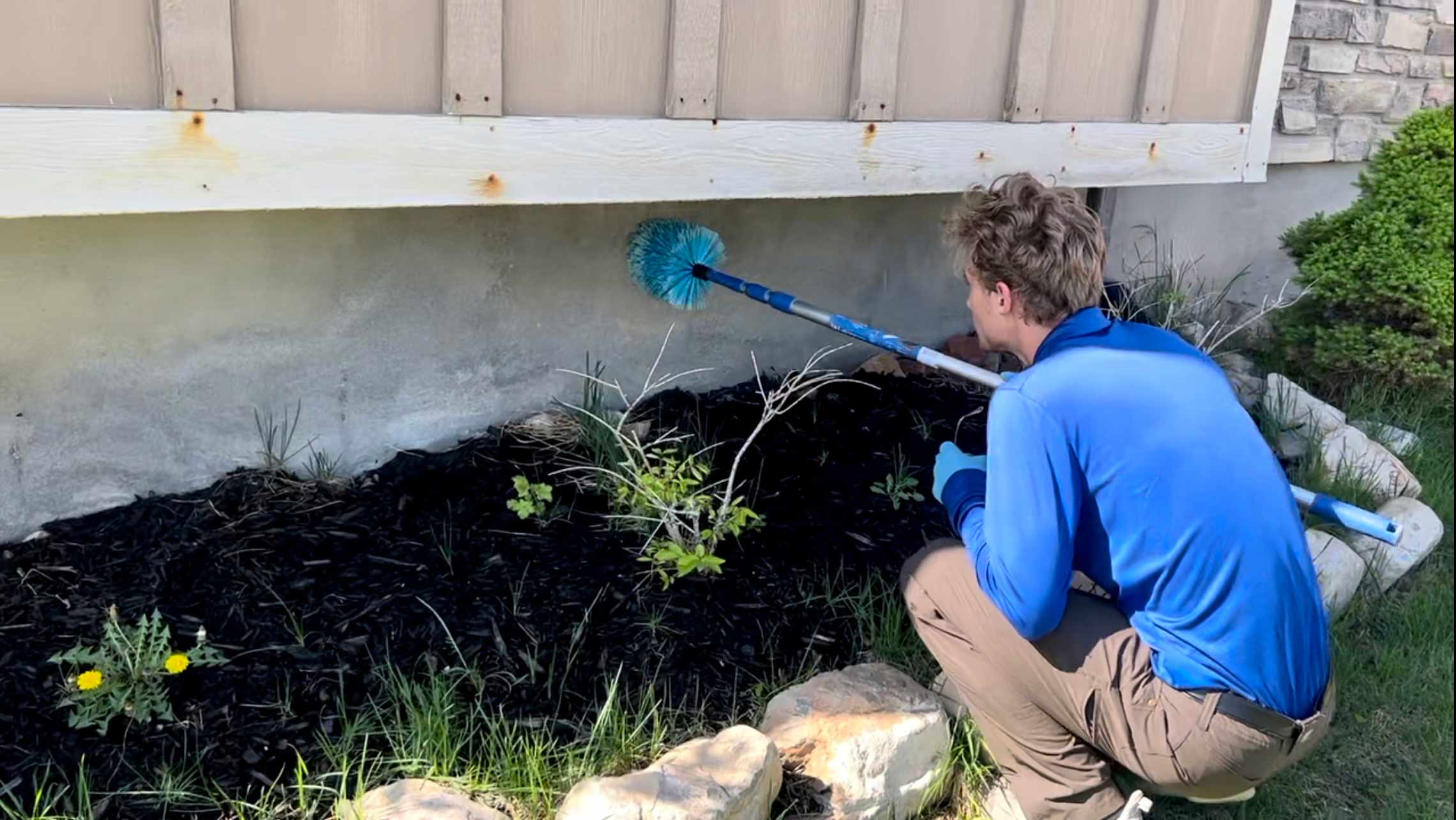 Pest Control Tech brushing-off hornet nests